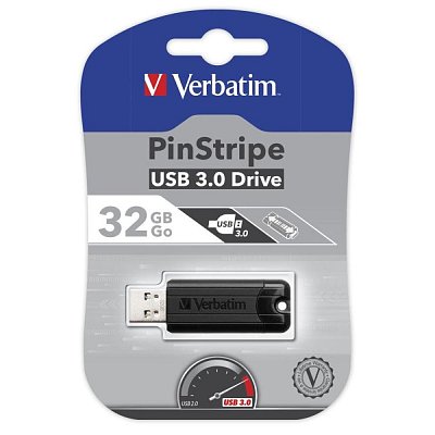 32GB USB Flash 3.0 PinStripe Bk VERBATIM